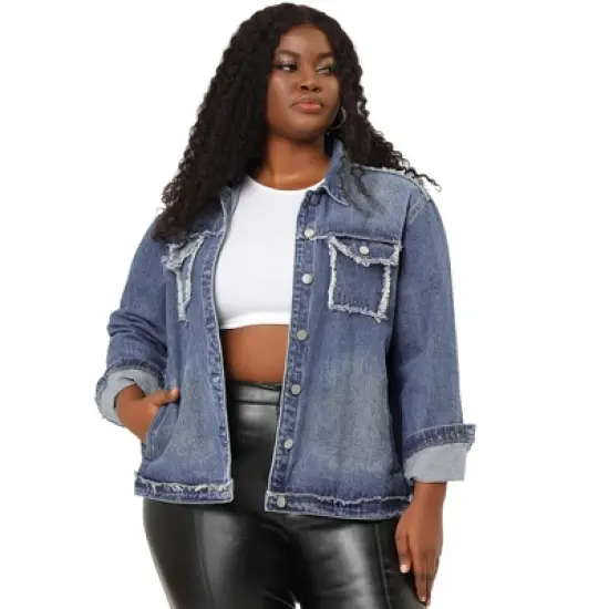 Agnes Orinda Women's Plus Size Button Down Frayed Chest Pockets Short Denim Jacket image {3}
