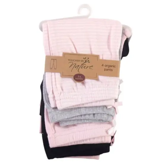 Touched by Nature Baby and Toddler Girl Organic Cotton Pants 4pk, Black Lt. Pink Stripe image {1}