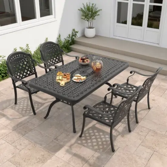 7-Piece Cast Aluminum Outdoor Dining Set with Red Cushions, Rectangle Table & Stackable Chairs - for Patio, Backyard image {1}