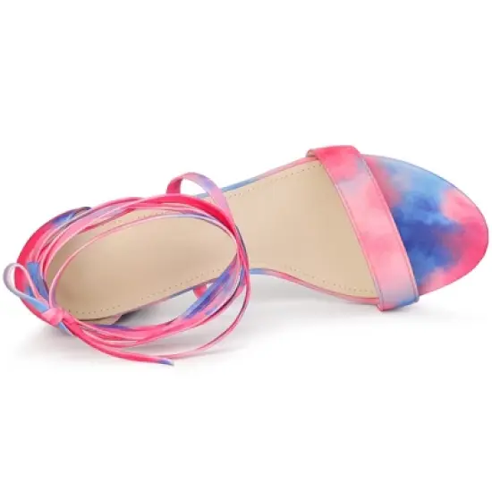 Allegra K Women's Tie Dye Lace Up Strappy Chunky Heels Sandals image {4}