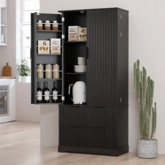 KWPZQEB 72" Storage Cabinets, Modern Kitchen Pantry Cabinet with 8 Hanging Shelves and 2 Large Drawer, Freestanding Cupboard for Living Room image {3}