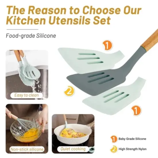 Itopfox 35-Piece Silicone Kitchen Utensil Set with Wooden Handles, Non-Stick Cooking Tools Including Spatula, Spoon, Turner, Tongs, Measuring Cups image {5}