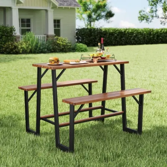 Tangkula Acacia Wood Picnic Table 4-Person Outdoor Table and Bench Set with 2 Built-in Benches Footrests Umbrella Hole Heavy-Duty Metal Frame image {2}