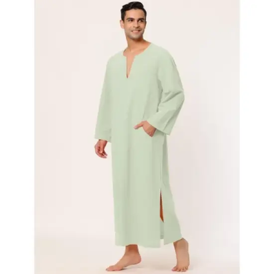 Lars Amadeus Men's Cotton V-Neck Side Split Long Night Gown with Pocket image {2}