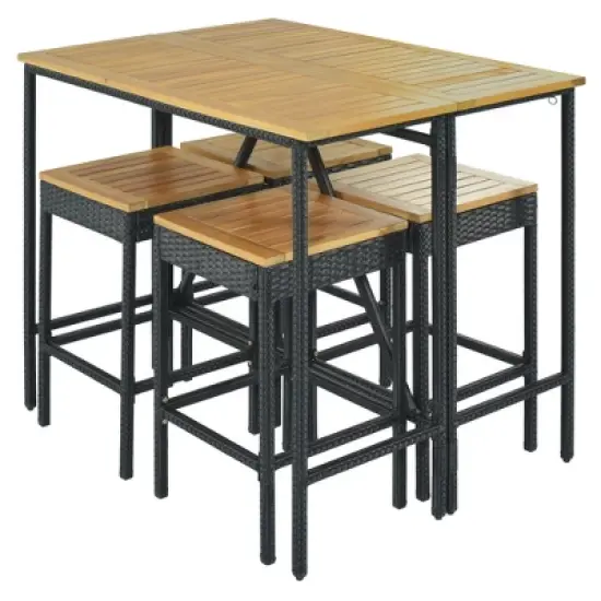 5-Piece Outdoor Patio Wicker Bar Set with Foldable Acacia Wood Top with 4 Stools and 1 Table,Brown - ModernLuxe image {6}