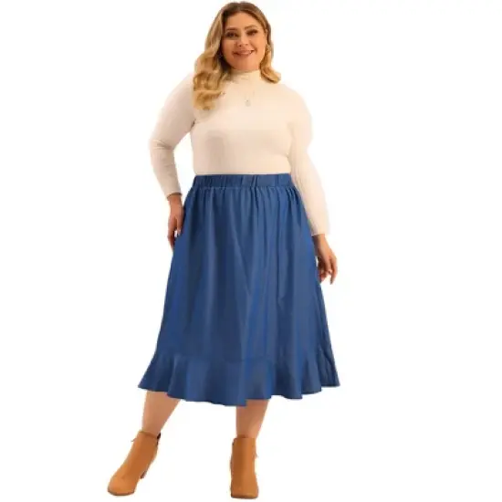 Agnes Orinda Women's Plus Size Midi Elastic Waist Denim Tiered Pleated Hem Chambray Skirts image {2}