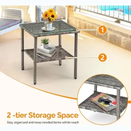VINGLI Outdoor Wicker Side Table Patio Side Tables for Outside, Tempered Glass Top Wicker Table with Storage End Table for Patio Balcony Porch Deck image {4}