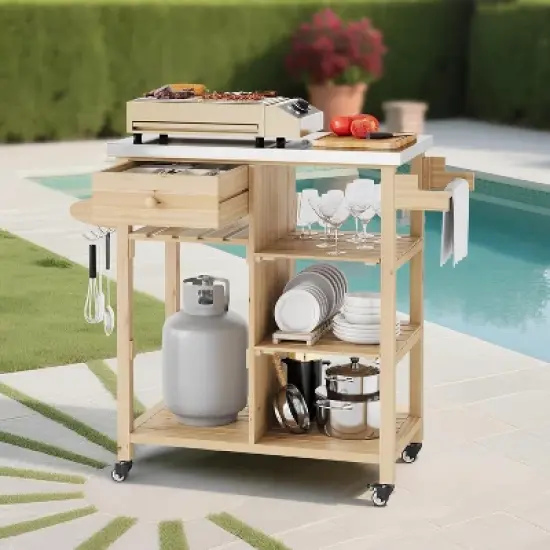 Acekool Outdoor Grill Cart, Wood Storage Cabinet with Stainless Steel Top, Lockable Wheels, Multi-Level Patio Bar Table for Kitchen & Garden image {1}