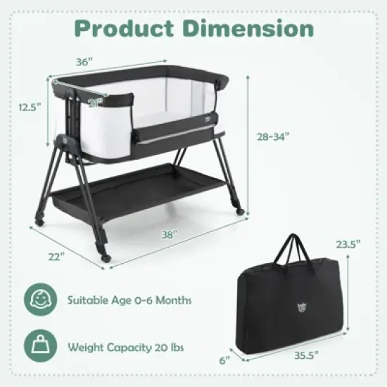 Infans Baby Bedside Bassinet w/ Wheels & Storage Tray Folding Adjustable Crib image {7}