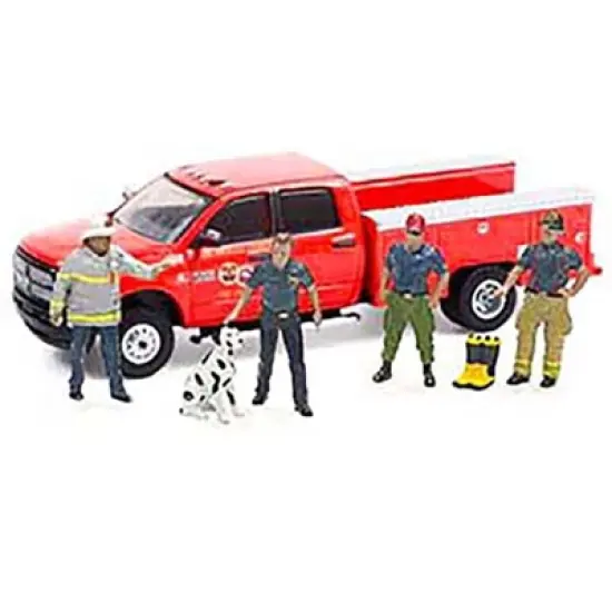 "Firefighter II" 6 piece Diecast Set (4 Figurines, 1 Dog and 1 Accessory) for 1/64 Scale Models by American Diorama image {1}