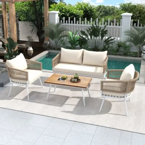 FIONECA 4-Piece Boho Rope Patio Furniture Set with Acacia Wood Table, Outdoor Conversation Sofa Set with Cushions for Backyard, Porch, Beige image {16}