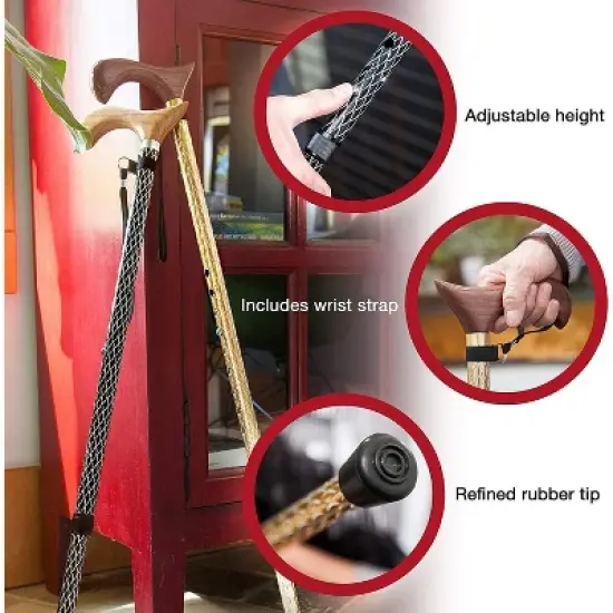 Brazos Adjustable Walking Cane for Men and Women Made of Lightweight Engraved Aluminum with Wooden Handle, Wrist Strap and Rubber Tip, Gold Body with image {2}