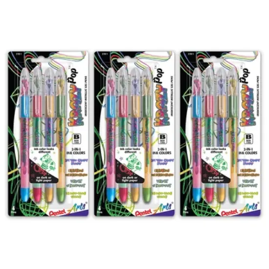 Pentel Arts Krazy Pop Iridescent Gel Pen, 1.0mm Bold line, Assorted Ink (XC/BD/CP/DG), 4 Per Set, 3 Sets image {3}