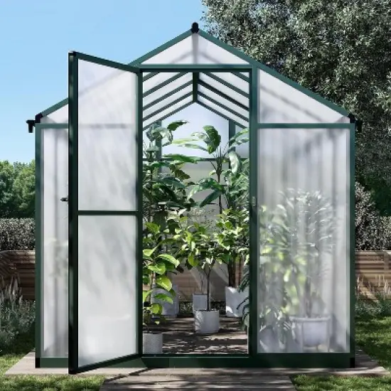 GustoWave  Walk-In Aluminum Polycarbonate Greenhouse With Roof Vent, For Outdoor Gardens, Patios, And Backyards，Green. image {7}