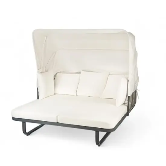 57" Outdoor Patio Rattan Daybed Sunbed with Retractable Canopy and Pillows image {12}