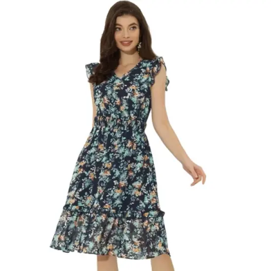 Allegra K Women's Floral Flutter Sleeves V Neck Smocked Ruffle Dress image {7}