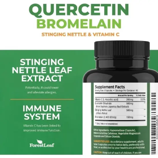 Forest Leaf Quercetin with Bromelain 1350mg Blend with Vitamin C & Stinging Nettle Supplement, Quercetin 500mg Capsules - 90 Vegetable Caps image {1}