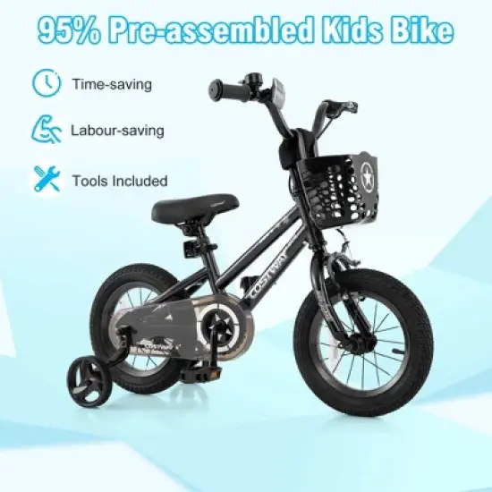 Costway 12"/14"/16"/18" Kid&rsquo;s Bike with Training Wheels Adjustable Handlebar & Seat Handbrake Black/Pink/Silver image {6}