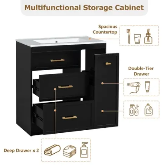 30" Bathroom Vanity Set, Classic Floor Standing, with Two Drawers & a Double-Layer Drawer image {4}