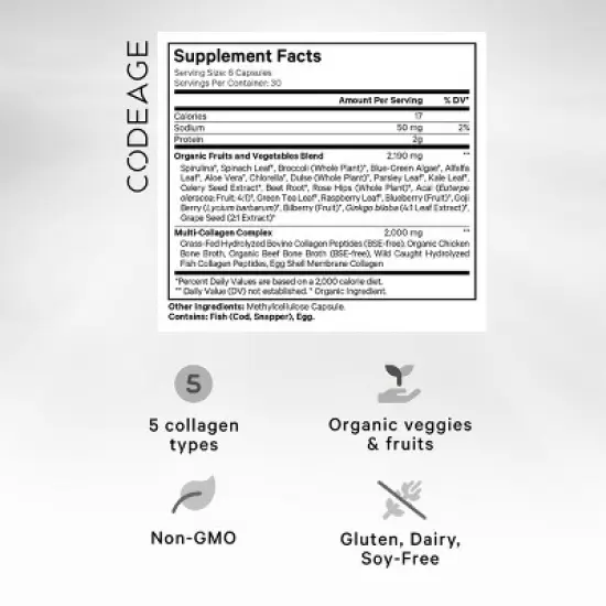 Codeage Multi Collagen Peptides Raw Greens, Hydrolyzed Collagen Protein, 21 Organic Fruits, Vegetables - 180ct image {2}