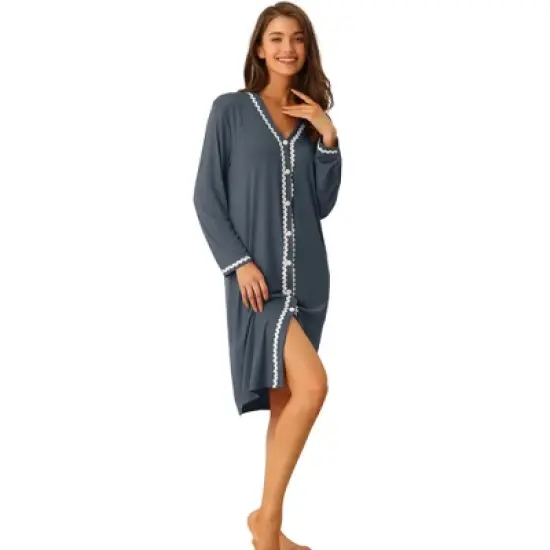 cheibear Womens Button Down V Neck Long Sleeve Pajama Nightshirt Dress image {9}