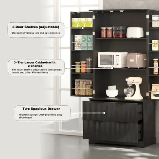 Bella Depot 72" Fluted Kitchen Pantry Cabinet with 2 Drawers & 8-Door Spice Rack, Freestanding Storage Organizer for Bathroom, Dining Room, Entryway image {3}