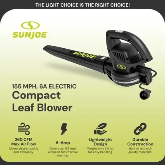 Sun Joe Electric Leaf Blower 155 MPH, 260 CFM Lightweight & Compact Outdoor Power Tool for Yards, Porches, Decks and Garages, SBJ597E image {2}