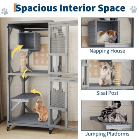 68''H Catio Outdoor Cat Enclosure, Wooden Cat Playen Catio with Wheels, Feral Animal Shelter with Platforms, Resting Box for Multiple Cats image {4}