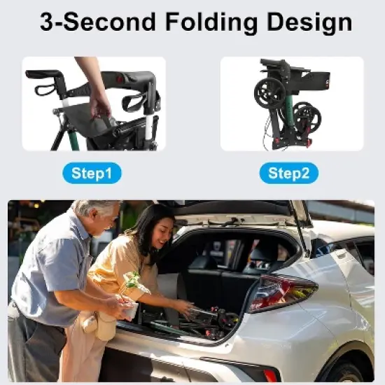 Rollator Walkers for Seniors with Seat, No Assembly Foldable 8" Non-Slip Big Wheels All Terrain Lightweight Durable Rolling Walker with Backrest image {3}