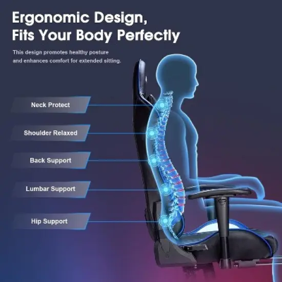 Douxlife Modern 7-Point Massage Ergonomic Gaming Chair with Footrest & Adjustable Armrests Black Blue image {6}
