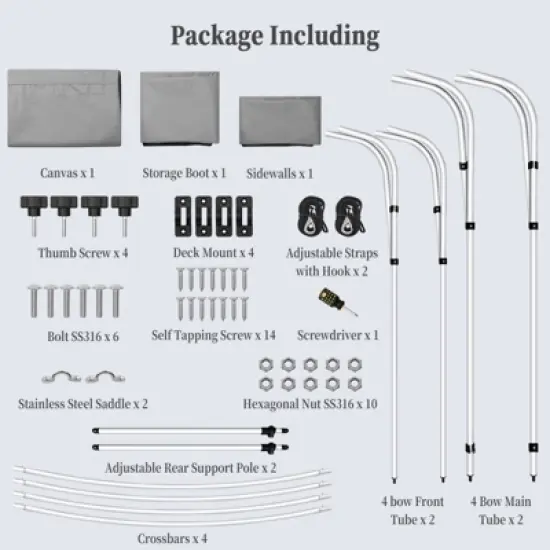 4 Bow Bimini Tops for Boat, Boat Canopy with Zippered Side Curtains, Marine Grade Canvas & PU-Coated Fabric, Include 2 Straps, 2 Rear Support Pole image {7}