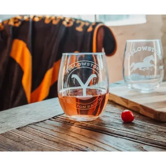 Silver Buffalo Yellowstone Dutton Ranch 20-Ounce Stemless Wine Glasses | Set of 2 image {6}