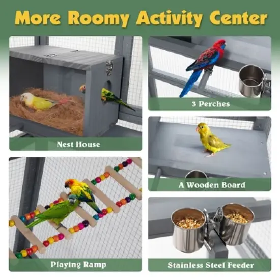 Sandinrayli 68"H Large Wood Bird Cage on Wheels, Outdoor Bird Aviary Indoor Wooden Large Bird Cage Parakeet Cage with Feeder, Gray image {7}