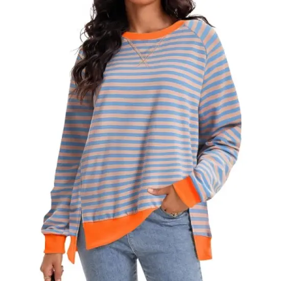 ATHLECHIC Women's Split Hem Striped Color Block Crew Neck Casual Loose Oversized Sweatshirt Shirt Tops image {5}