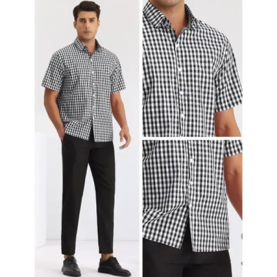 INSPIRE CHIC Men's Short Sleeves Button Down Gingham Pattern Shirt image {4}
