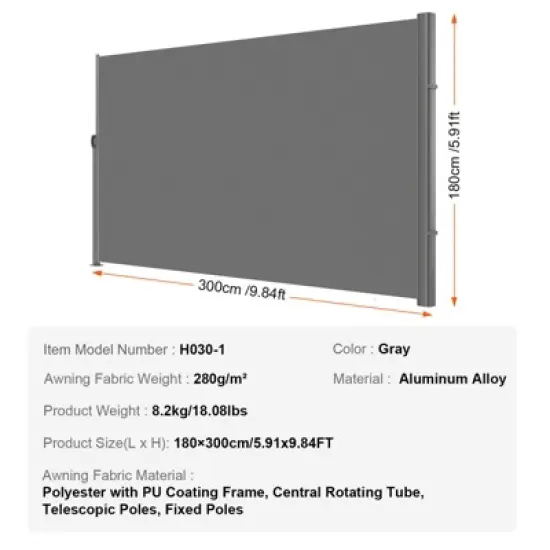 VEVOR Retractable Side Awning, 71''x 118'' Aluminum Outdoor Privacy Screen, 280g Polyester Water-proof Retractable Patio Screen, Gray image {7}