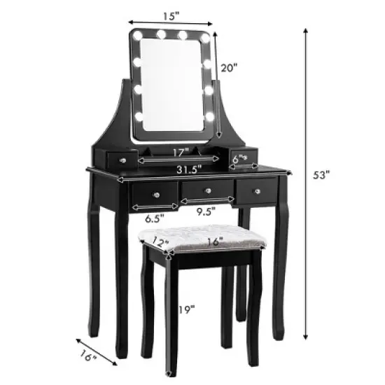 Costway Vanity Dressing Table Set w/ 10 Dimmable Bulbs Touch Switch Cushion Stool White\Black\Brown image {2}