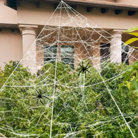Wrapables 16ft Giant Triangular Spider Web Kit with Cobwebs and 2 Small Spiders, Indoor Outdoor Haunted House Halloween Decor image {2}
