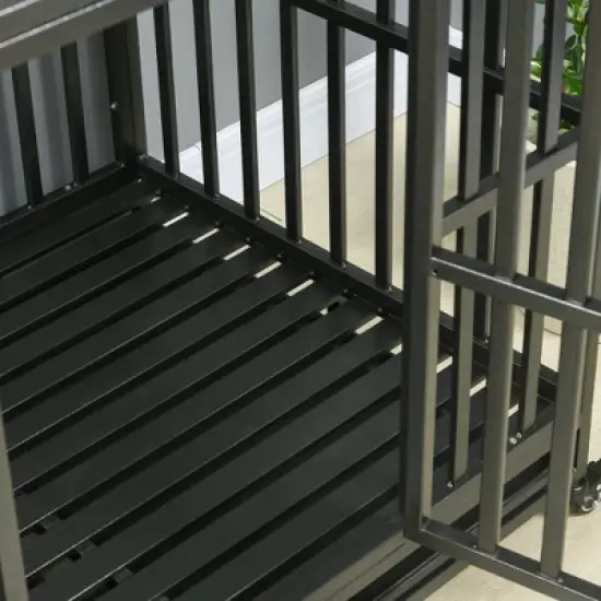 PawHut Heavy Duty Dog Cage Metal Kennel and Crate Dog Playpen with Lockable Wheels, Slide-out Tray and Anti-Pinching Floor image {4}