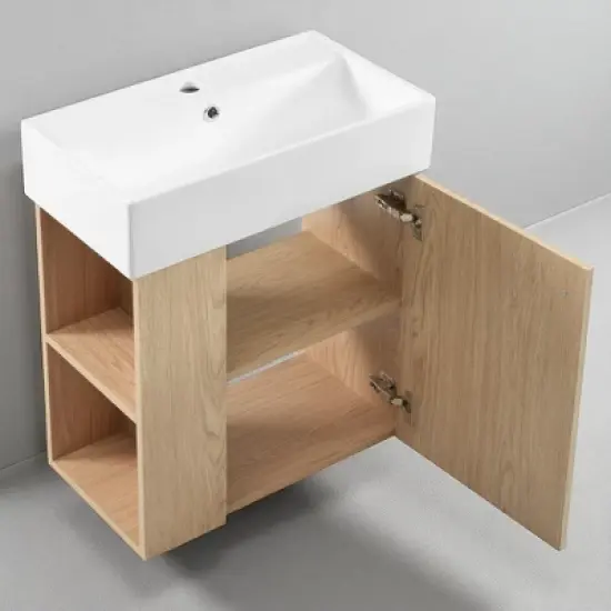 21.6'' Wall-Mounted Bathroom Vanity with Ceramic Sink, Left Side Open Storage, Wave Pattern Door, Soft-Close, Floating Cabinet image {5}