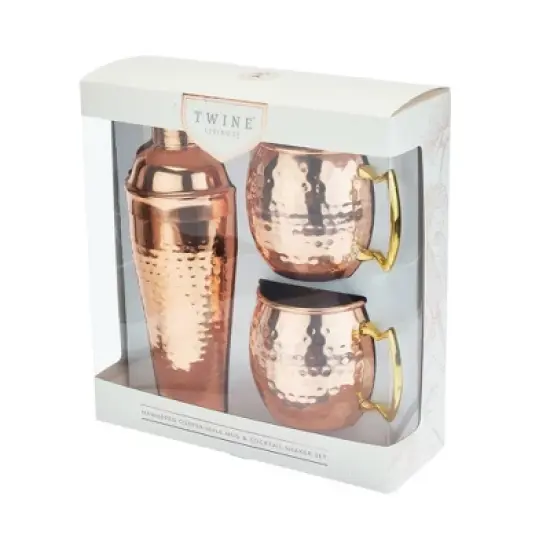 Twine Hammered Moscow Mule Mug Cocktail Set with Shaker for Mixed Drinks, Stainless Steel Kitchen Set, Barware, Set of 3, Copper image {5}