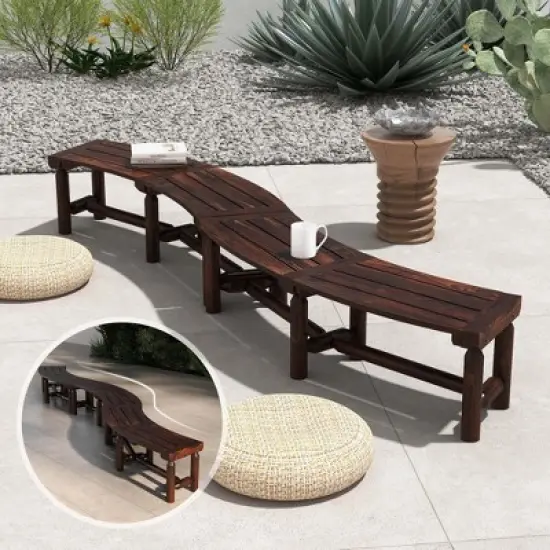 Costway Patio Curved Bench Carbonized Wood Dining Bench for Round Table 710 LBS Max Load image {4}