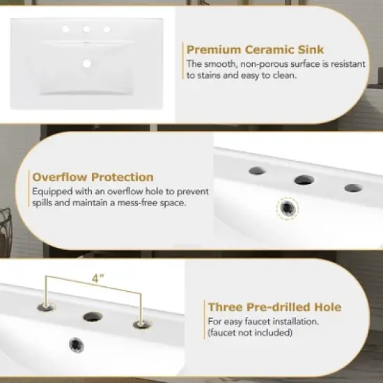 30" Solid Wood Frame Bathroom Vanity with Sink Combo Set, a Soft Closing Door and 3 Drawers image {6}