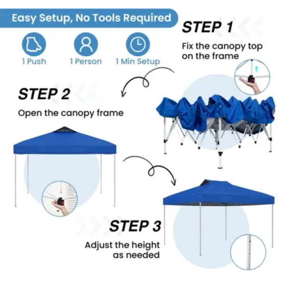 Costway 10 X 10 FT 1-Person Setup Pop up Canopy Tent with 1-Push Center Lock Wind Ropes Blue/Pink/Gray/Navy/White image {8}