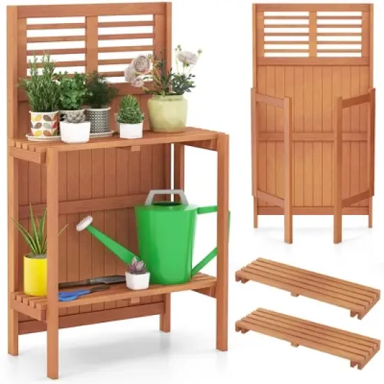 Costway Wood Potting Bench Waterproof Garden Table with 2-Tier Open Storage Shelf image {10}