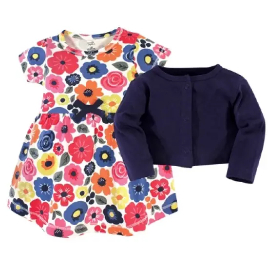 Touched by Nature Baby and Toddler Girl Organic Cotton Dress and Cardigan 2pc Set, Bright Flower image {1}