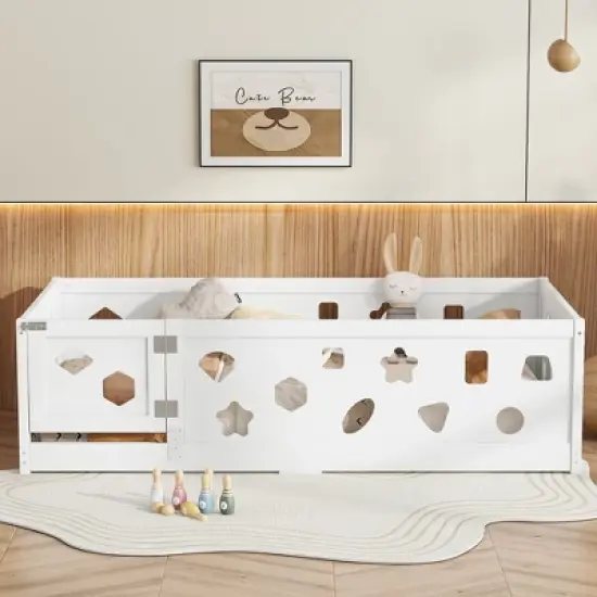 Okak Twin/Full Size Floor Bed Frame,White Solid Wood Toddler Bed with Safety Rails, Low Profile Design for Kids Bedroom & Nursery image {1}