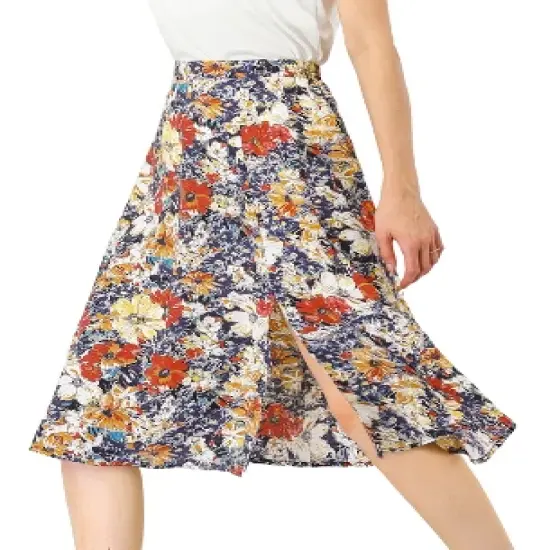 Allegra K Women's Boho Floral High Waist Split A Line Midi Skirt image {7}