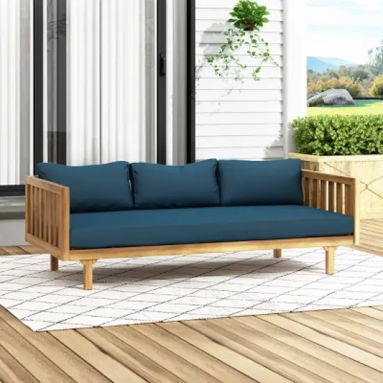 Outdoor Patio 3 Seater Daybed,Waterproof Fabric Upholstered Sofa Bed With Acacia Wood Frame,Indoor Wooden Armrests Sofa Bed-Coolbibila image {7}