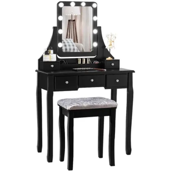 Costway Vanity Dressing Table Set w/ 10 Dimmable Bulbs Touch Switch Cushion Stool White\Black\Brown image {10}